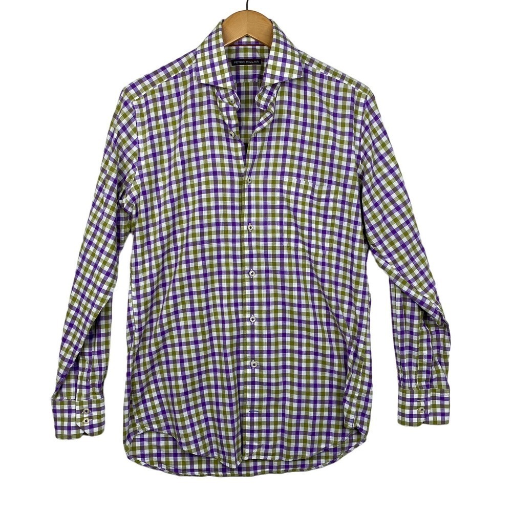 Peter Millar Green Purple Plaid Print Long Sleeve Light Cotton Shirt Size Medium